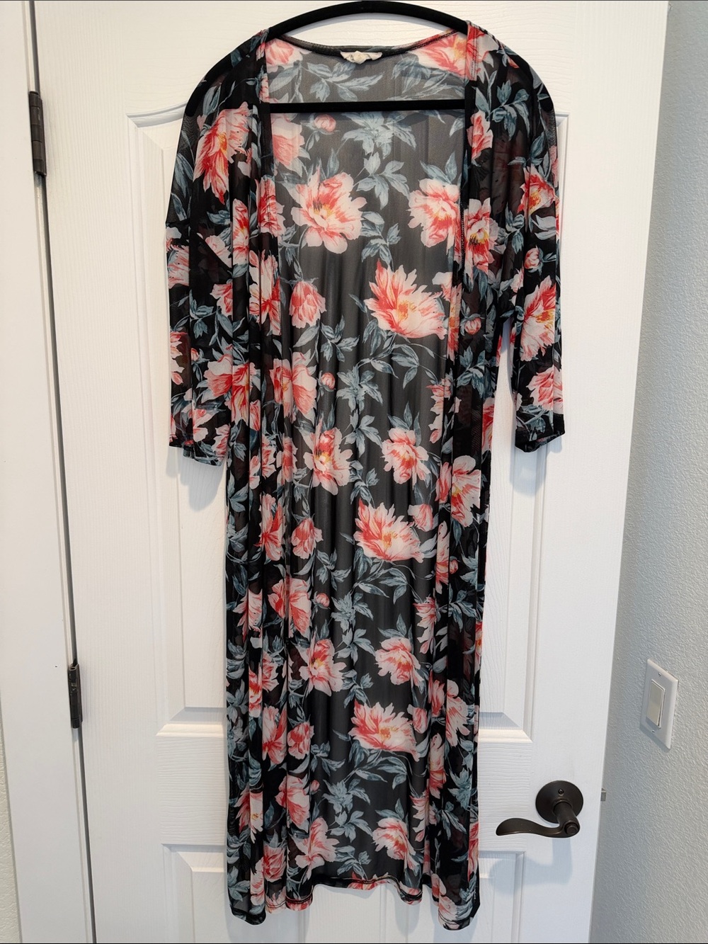 Ultra Flirt Sheer Floral Kimono in Black with Pink & Light Blue Details